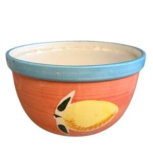 LILLIAN VERNON CERAMIC BLUE RIM PEACH 8” LEMON FRUIT BOWL